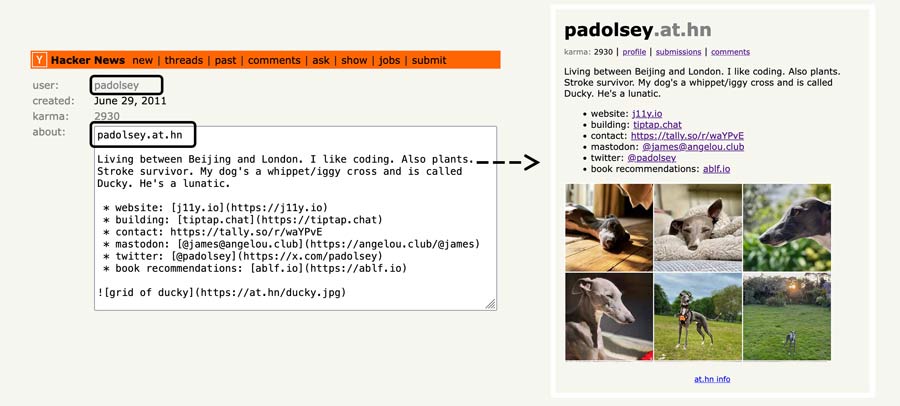 screenshot: go to your user/profile page on hacker news and then modify your about section to include, at minimum the phrase [your username].at.hn